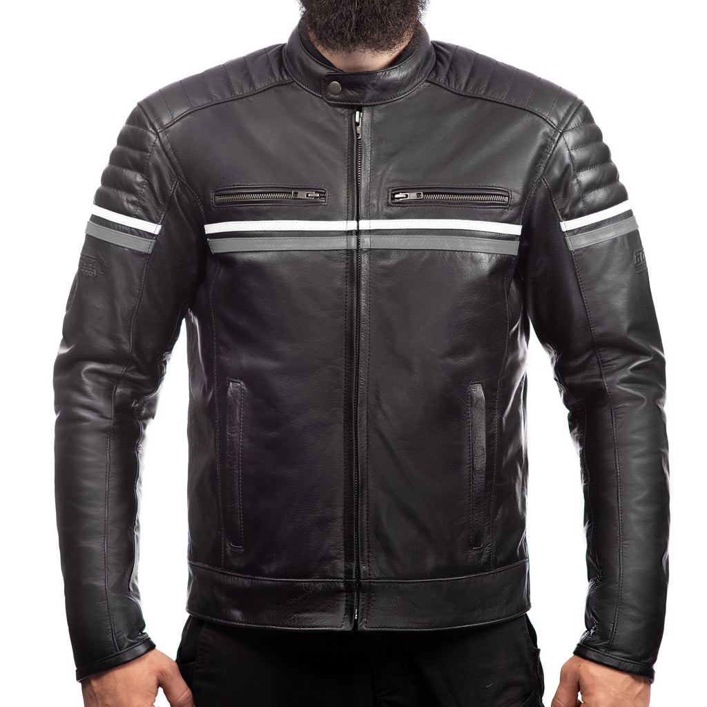 Metropolis Grey Black Motorcycle Leather Jacket, genuine cowhide leather, YKK zippers, removable CE protectors, removable inner lining, front photo