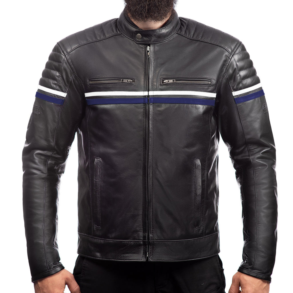 Metropolis Blue Black Motorcycle Leather Jacket, genuine cowhide leather, YKK zippers, removable CE protectors, removable inner lining, front photo