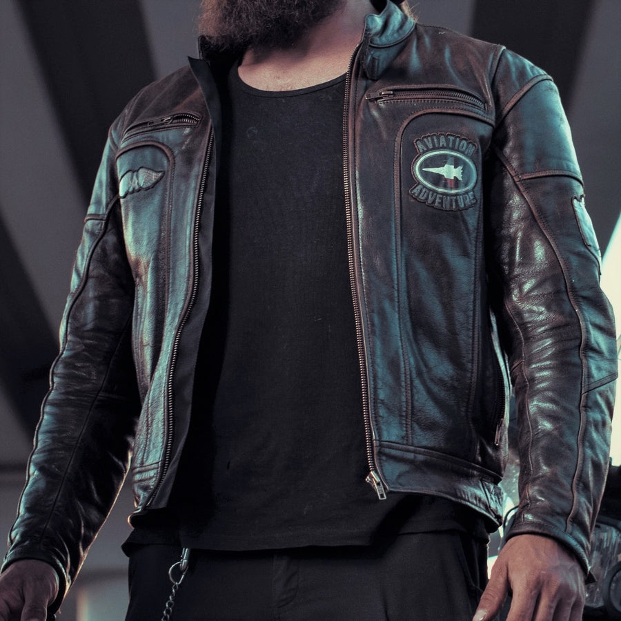 Corelli MG Vivi il momento brown motorcycle racing retro washed off leather jacket, genuine cowhide leather, removable CE protectors, removable inner lining, pockets, YKK zippers, front photo