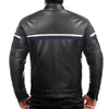 Metropolis Blue Black Motorcycle Leather Jacket, genuine cowhide leather, YKK zippers, removable CE protectors, removable inner lining, back photo