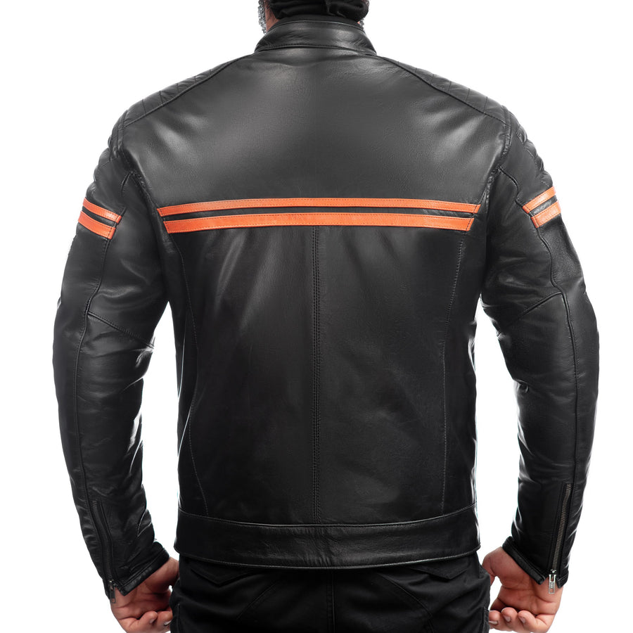 METROPOLIS BIKER LEATHER JACKET WITH ORANGE STRIPES, ce protected, protectors, inner lining, pockets, back photo
