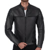 CHALLENGER BLACK MOTORCYCLE LEATHER JACKET, cowhide leather, ce protectors, protected, front photo