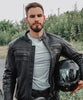 Corelli MG Vanguard Luxe black motorcycle racing leather jacket, genuine cowhide leather, removable CE protectors, removable inner lining, pockets, YKK zippers, front photo