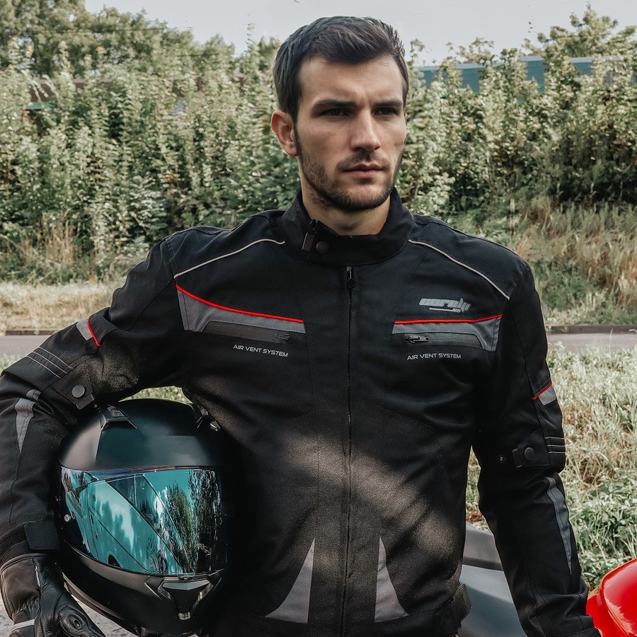 Corelli MG Urban black motorcycle textile jacket, mesh, cordura racing, YKK zippers, removable CE protectors, removable inner lining, pockets, waterproof, windproof, front photo