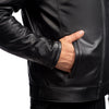 METROPOLIS BIKER LEATHER JACKET WITH ORANGE STRIPES, ce protected, protectors, inner lining, pockets, close-up photo