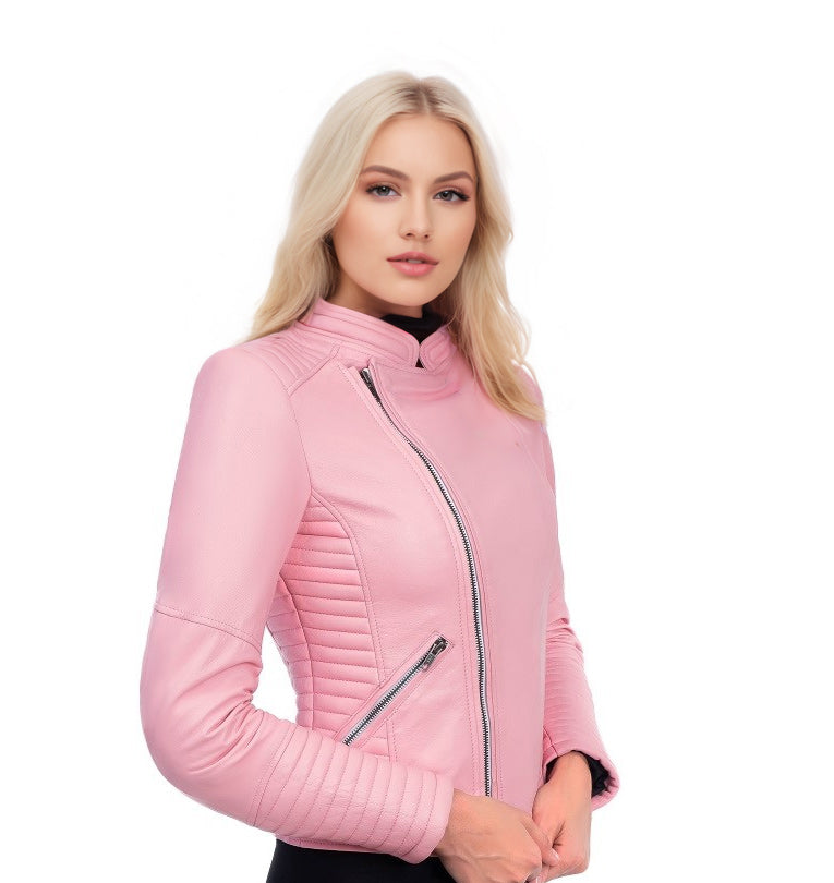 ROSA ARMORED WOMEN'S MOTORCYCLE PINK LEATHER JACKET