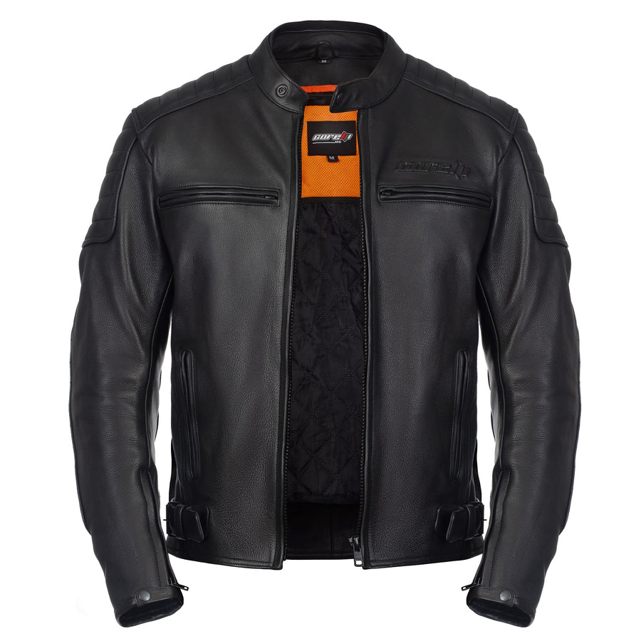 CHALLENGER BLACK MOTORCYCLE LEATHER JACKET, cowhide leather, ce protectors, protected, front photo
