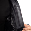 METROPOLIS BIKER LEATHER JACKET WITH ORANGE STRIPES, ce protected, protectors, inner lining, pockets, close-up photo