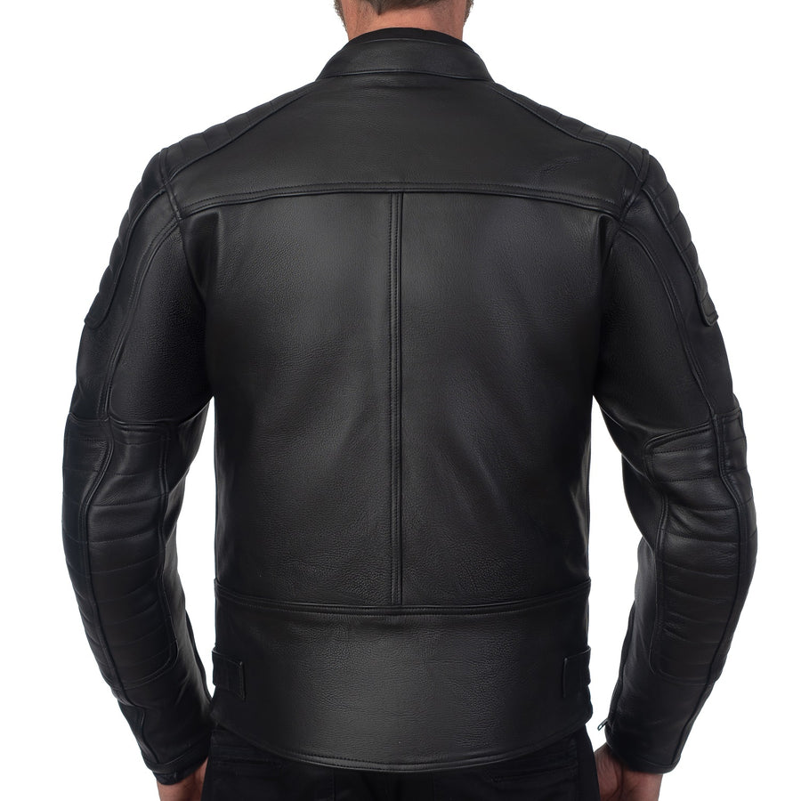 CHALLENGER BLACK MOTORCYCLE LEATHER JACKET, cowhide leather, ce protectors, protected, back photo