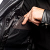METROPOLIS BIKER LEATHER JACKET WITH ORANGE STRIPES, ce protected, protectors, inner lining, pockets, close-upphoto