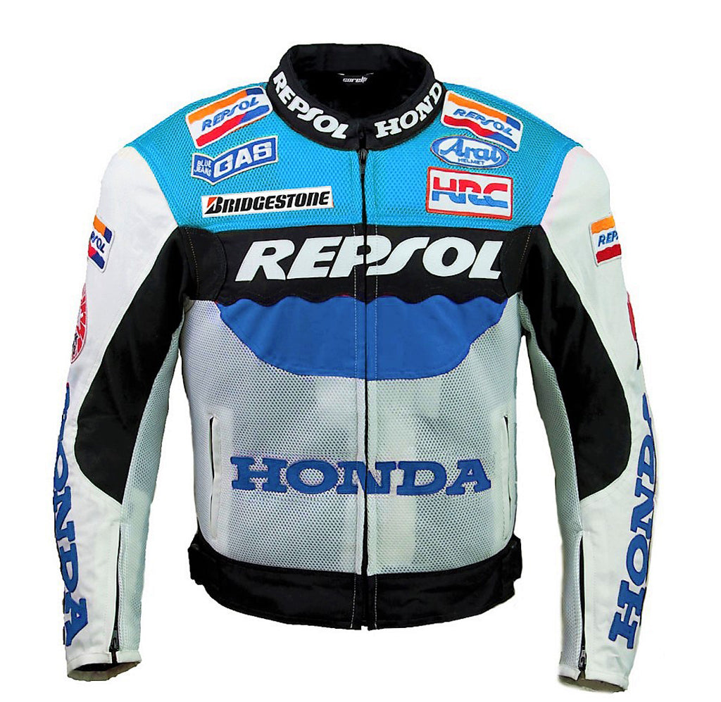 Honda Repsol racing textile jacket (COLLECTIBLE), blue, white, black, removable CE protectors, removable inner lining, genuine cowhide leather, YKK zippers, pockets, back photo