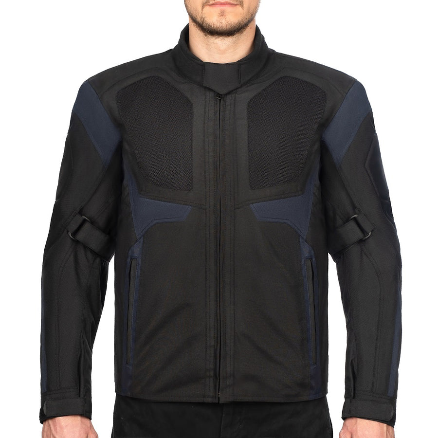 Corelli MG Rocket blue black motorcycle textile jacket, mesh, cordura racing, YKK zippers, removable CE protectors, removable inner lining, pockets, model photo