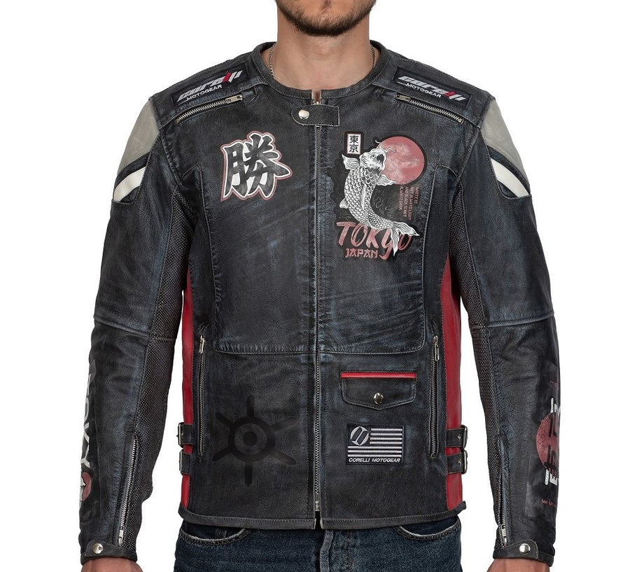 Corelli MG Tokyo Nippon Vintage Fully-Protected Biker Leather Jacket, cowhide leather, CE protectors, perforated leather, motorcycle, front photo
