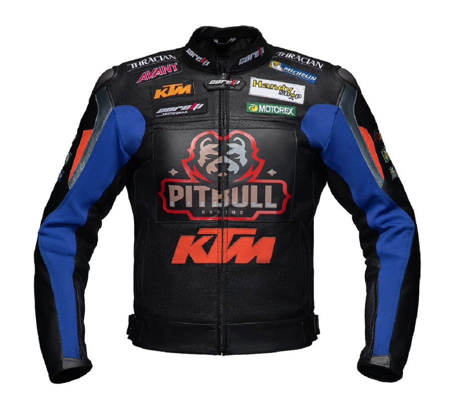 Corelli MG Pit Bull blue black motorcycle leather jacket, cowhide leather, racing, YKK zippers, removable CE protectors, removable inner lining, pockets, front photo