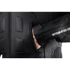 Corelli MG Transporter black motorcycle racing leather jacket, genuine cowhide leather, removable CE protectors, removable inner lining, pockets, YKK zippers, close-up photo