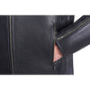 Corelli MG Vanguard Luxe black motorcycle racing leather jacket, genuine cowhide leather, removable CE protectors, removable inner lining, pockets, YKK zippers, close-up photo