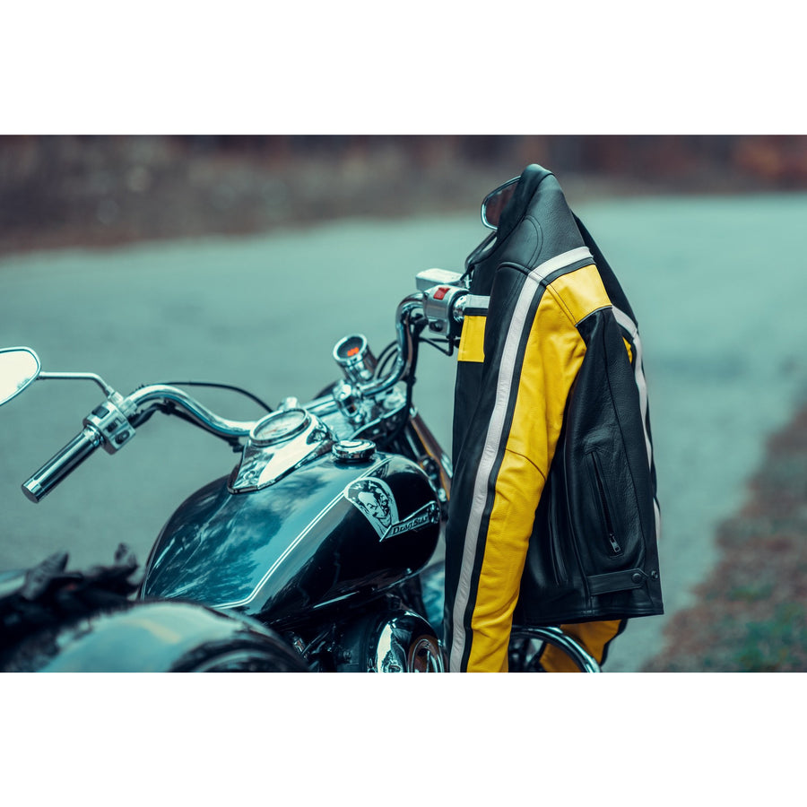 Corelli MG legacy black yellow white motorcycle racing leather jacket, genuine cowhide leather, removable CE protectors, removable inner lining, pockets, YKK zippers, model photo