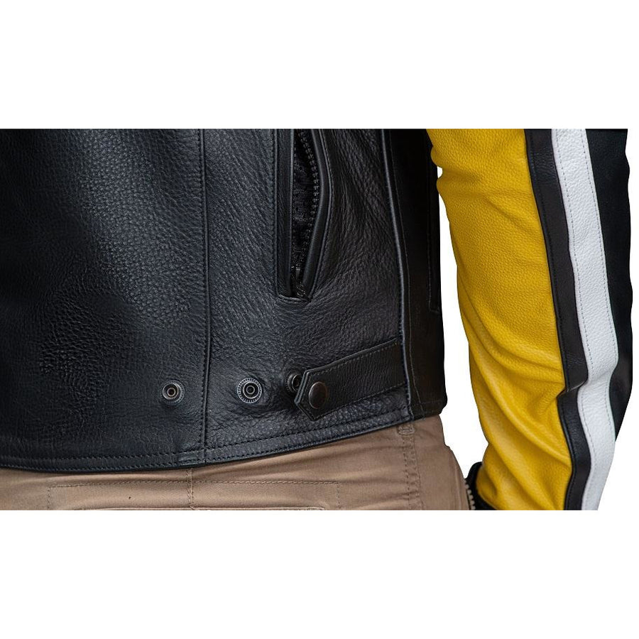 Corelli MG legacy black yellow white motorcycle racing leather jacket, genuine cowhide leather, removable CE protectors, removable inner lining, pockets, YKK zippers, close-up photo