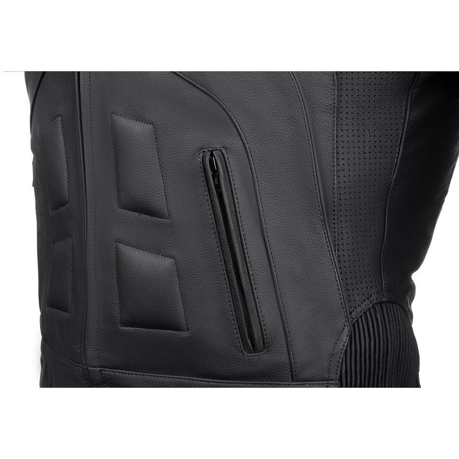 Corelli MG Transporter black motorcycle racing leather jacket, genuine cowhide leather, removable CE protectors, removable inner lining, pockets, YKK zippers, close-up photo