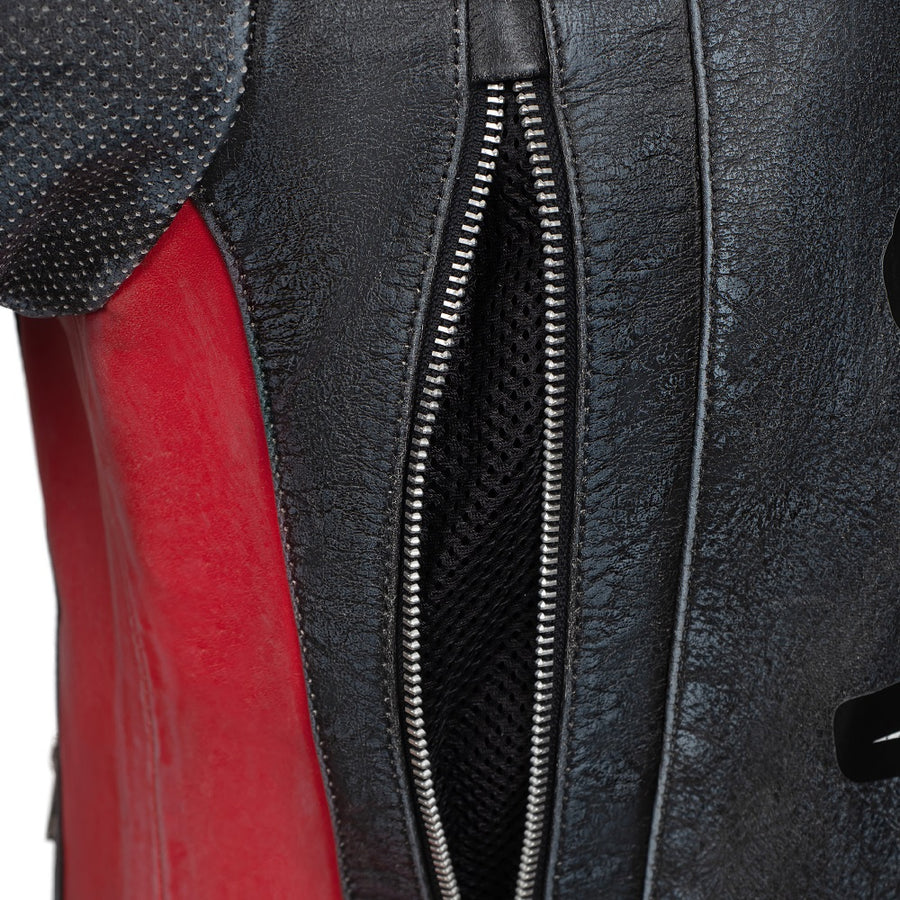 Corelli MG Tokyo Nippon Vintage Fully-Protected Biker Leather Jacket, cowhide leather, CE protectors, perforated leather, motorcycle, close-up photo