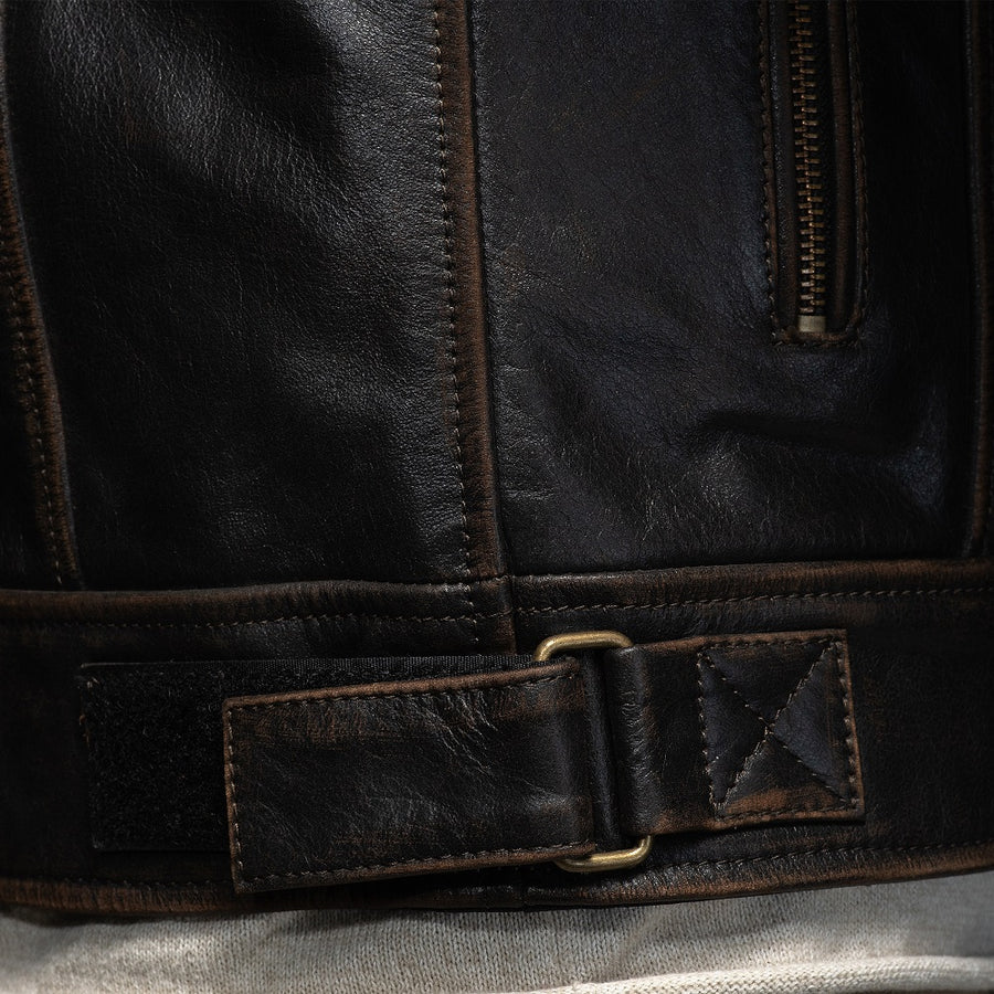 Corelli MG Vivi il momento brown motorcycle racing retro washed off leather jacket, genuine cowhide leather, removable CE protectors, removable inner lining, pockets, YKK zippers, close-up photo
