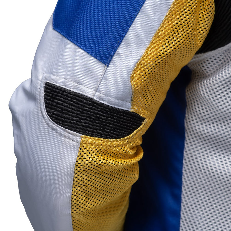 Corelli MG California racing team motorcycle textile protected jacket, removable CE protectors, mesh, cordura, removable inner lining, blue, white, orange, YKK zippers, pockets, close-up photo