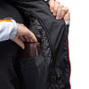 Corelli MG Miami racing team motorcycle textile protected jacket, removable CE protectors, mesh, cordura, removable inner lining, blue, red, orange, YKK zippers, pockets, close-up photo
