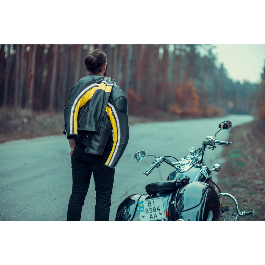 Corelli MG legacy black yellow white motorcycle racing leather jacket, genuine cowhide leather, removable CE protectors, removable inner lining, pockets, YKK zippers, model photo