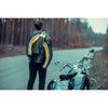 Corelli MG legacy black yellow white motorcycle racing leather jacket, genuine cowhide leather, removable CE protectors, removable inner lining, pockets, YKK zippers, model photo