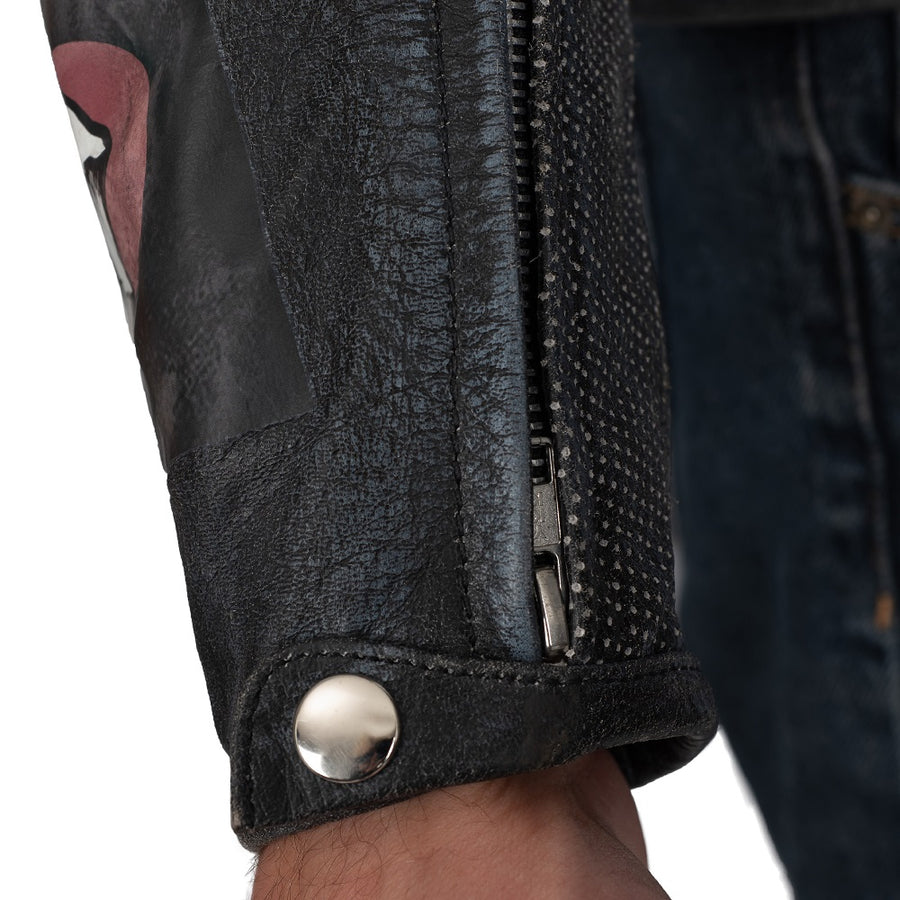 Corelli MG Tokyo Nippon Vintage Fully-Protected Biker Leather Jacket, cowhide leather, CE protectors, perforated leather, motorcycle, close-up photo