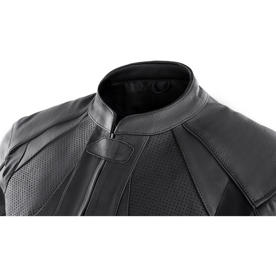 Corelli MG Transporter black motorcycle racing leather jacket, genuine cowhide leather, removable CE protectors, removable inner lining, pockets, YKK zippers, close-up photo