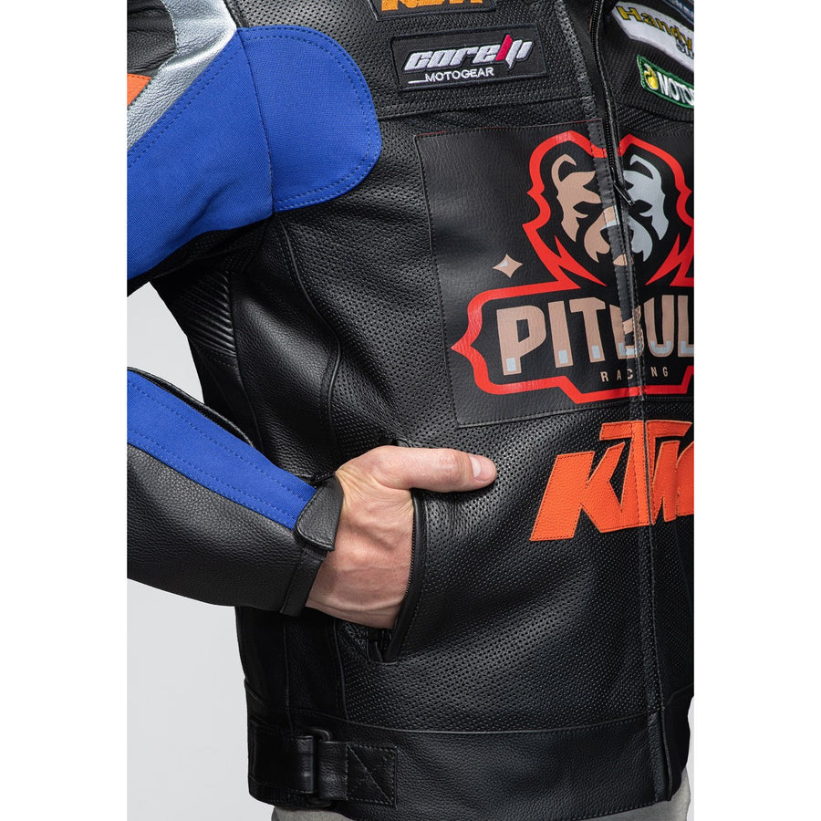 Corelli MG Pit Bull blue black motorcycle leather jacket, cowhide leather, racing, YKK zippers, removable CE protectors, removable inner lining, pockets, close-up photo