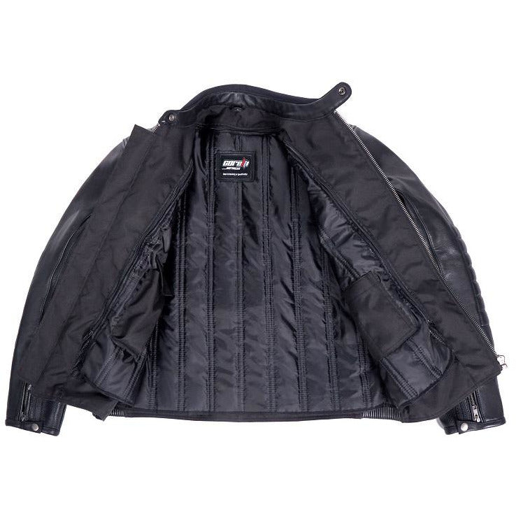 Corelli MG Vanguard Luxe black motorcycle racing leather jacket, genuine cowhide leather, removable CE protectors, removable inner lining, pockets, YKK zippers, inner photo