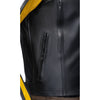 Corelli MG legacy black yellow white motorcycle racing leather jacket, genuine cowhide leather, removable CE protectors, removable inner lining, pockets, YKK zippers, close-up photo