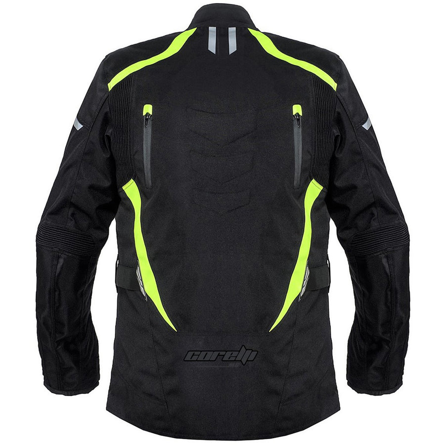 Corelli MG State Touring black motorcycle textile jacket, mesh, cordura racing, YKK zippers, removable CE protectors, removable inner lining, pockets, waterproof, windproof, back photo
