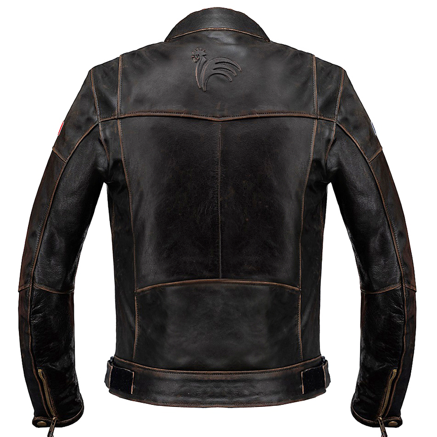Corelli MG Vive la France brown motorcycle racing retro washed off leather jacket, genuine cowhide leather, removable CE protectors, removable inner lining, pockets, YKK zippers, back photo