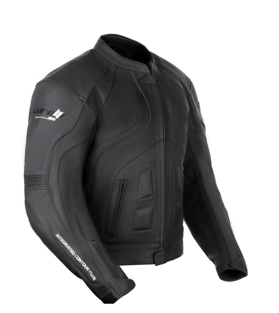 Corelli MG Transporter black motorcycle racing leather jacket, genuine cowhide leather, removable CE protectors, removable inner lining, pockets, YKK zippers, close-up photo