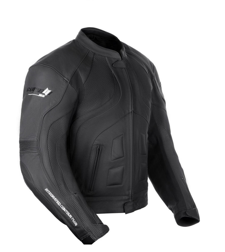 Corelli MG Transporter black motorcycle racing leather jacket, genuine cowhide leather, removable CE protectors, removable inner lining, pockets, YKK zippers, close-up photo