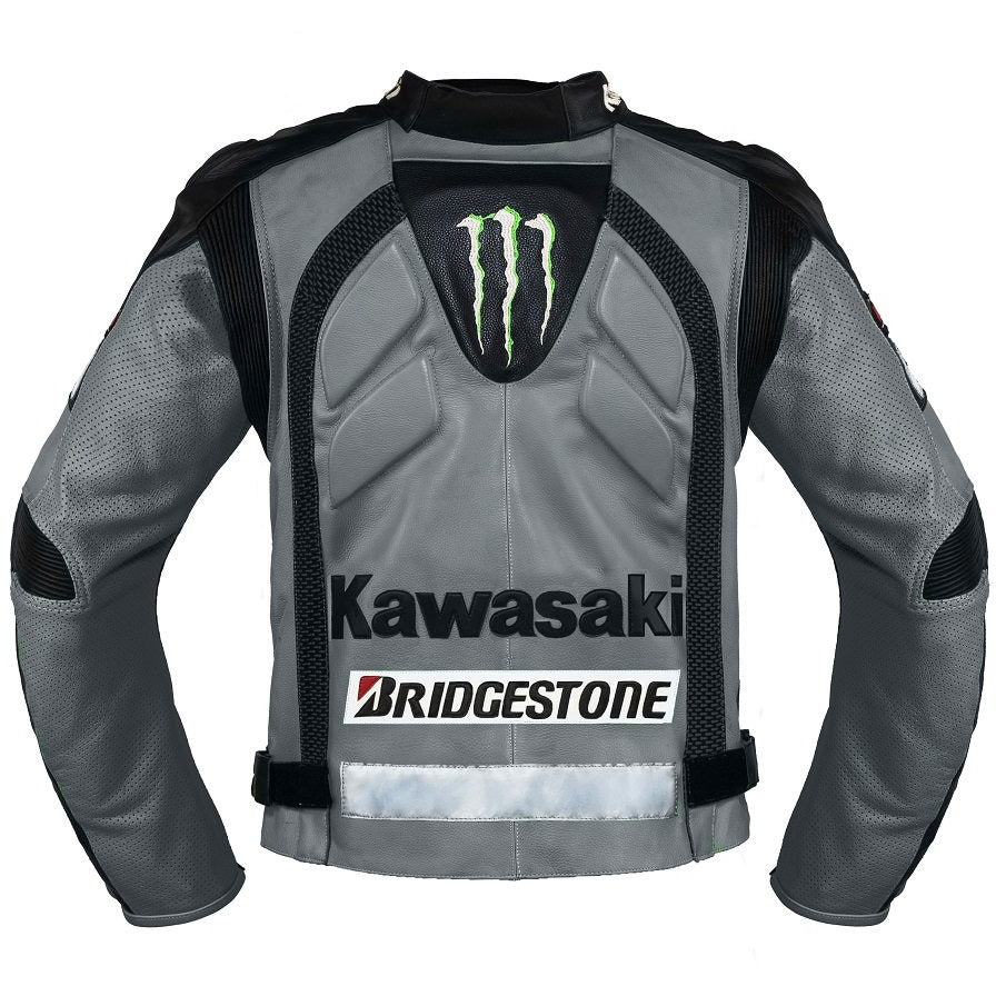 Kawasaki GRAY MOTORCYCLE RACING TEAM LEATHER JACKET (NO HUMP) (COLLECTIBLE), removable CE protectors, removable inner lining, genuine cowhide leather, YKK zippers, pockets, back photo