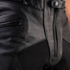 Corelli MG Storm black motorcycle racing leather pants, removable CE protectors, removable inner lining, genuine cowhide leather, YKK zippers, pockets, close-up photo