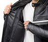 Metropolis Grey Black Motorcycle Leather Jacket, genuine cowhide leather, YKK zippers, removable CE protectors, removable inner lining, close-up photo