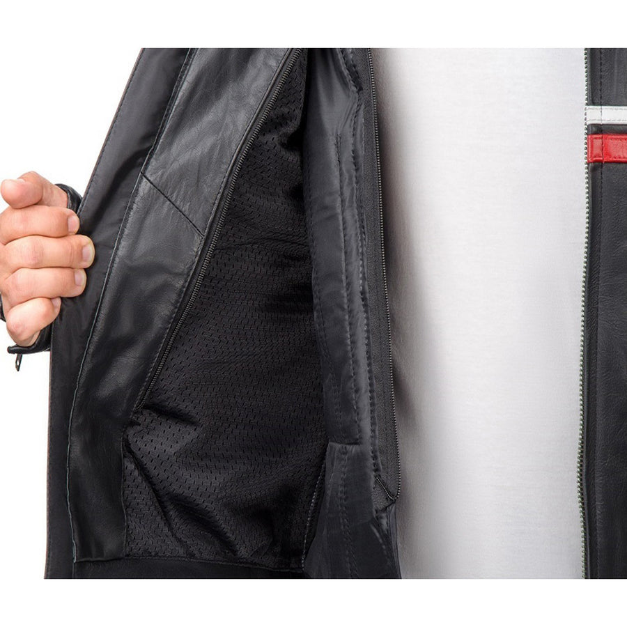 Corelli MG metropolis black motorcycle leather jacket, cowhide leather, red, white, YKK zippers, removable CE protectors, removable inner lining, pockets, close-up photo