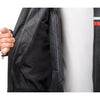 Corelli MG metropolis black motorcycle leather jacket, cowhide leather, red, white, YKK zippers, removable CE protectors, removable inner lining, pockets, close-up photo