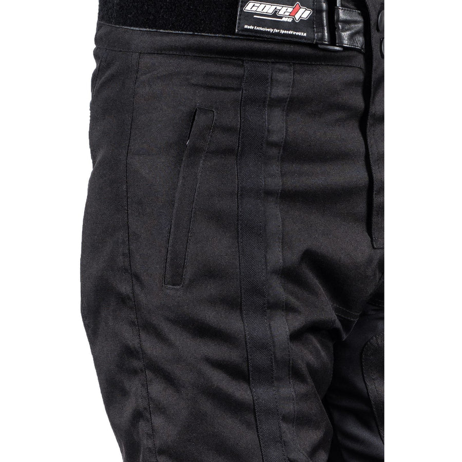 Corelli MG Storm black motorcycle racing textile pants, removable CE protectors, removable inner lining, mesh, cordura, YKK zippers, pockets, close-up photo