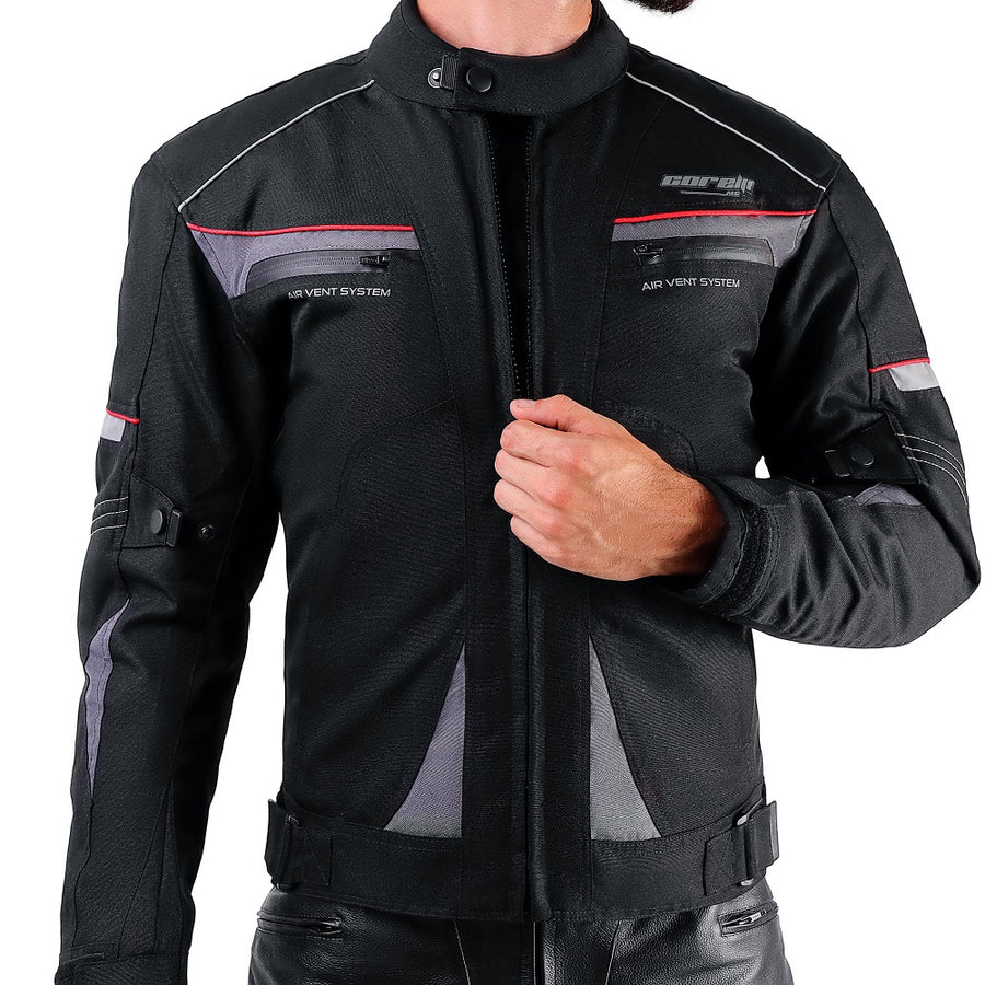 Corelli MG Urban black motorcycle textile jacket, mesh, cordura racing, YKK zippers, removable CE protectors, removable inner lining, pockets, waterproof, windproof, front photo