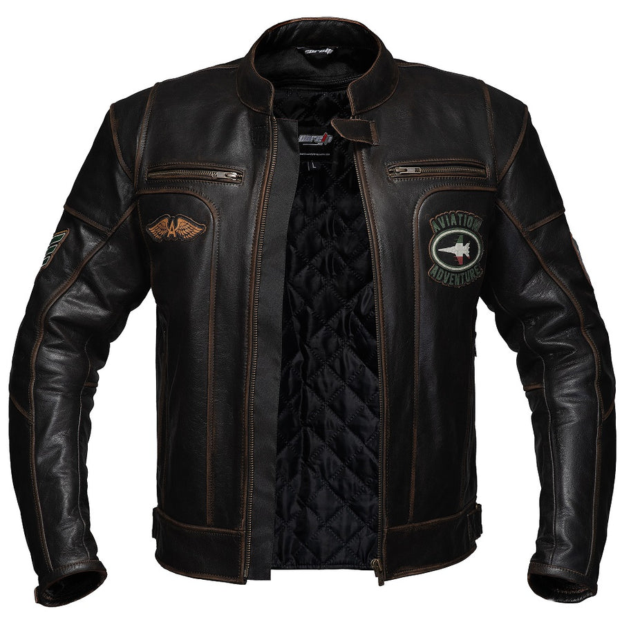 Corelli MG Vivi il momento brown motorcycle racing retro washed off leather jacket, genuine cowhide leather, removable CE protectors, removable inner lining, pockets, YKK zippers, open jacket photo