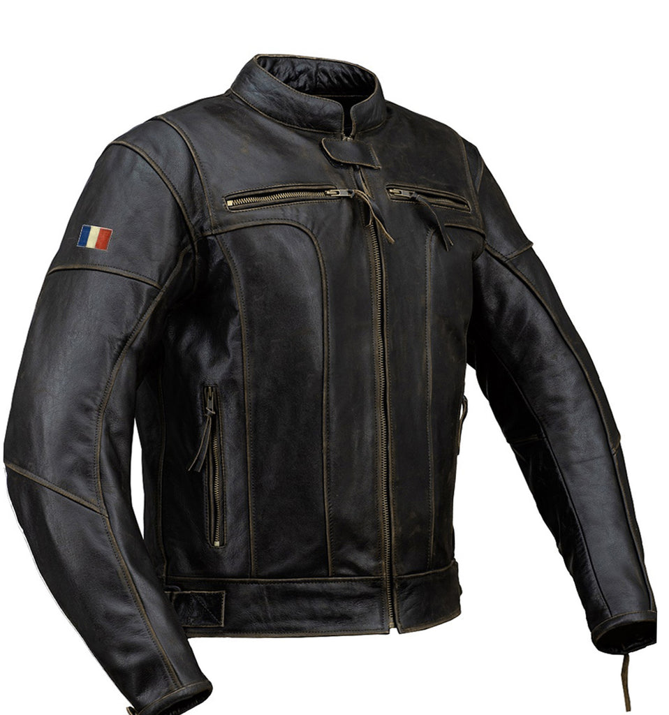 Corelli MG Vive la France brown motorcycle racing retro washed off leather jacket, genuine cowhide leather, removable CE protectors, removable inner lining, pockets, YKK zippers, front photo