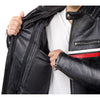 Corelli MG metropolis black motorcycle leather jacket, cowhide leather, red, white, YKK zippers, removable CE protectors, removable inner lining, pockets, close-up photo