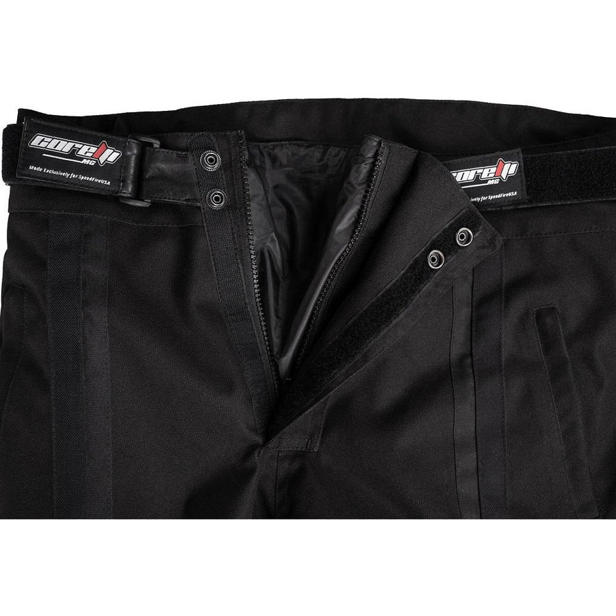Corelli MG Storm black motorcycle racing textile pants, removable CE protectors, removable inner lining, mesh, cordura, YKK zippers, pockets, close-up photo