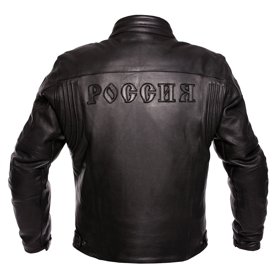 Corelli MG Russia black motorcycle racing leather jacket, genuine cowhide leather, removable CE protectors, removable inner lining, pockets, YKK zippers, back photo